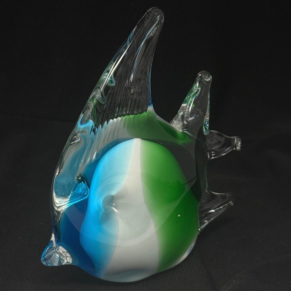Hand Blown Angel Fish Blue White Green Stripes 4" Unsigned Beach Coastal Décor